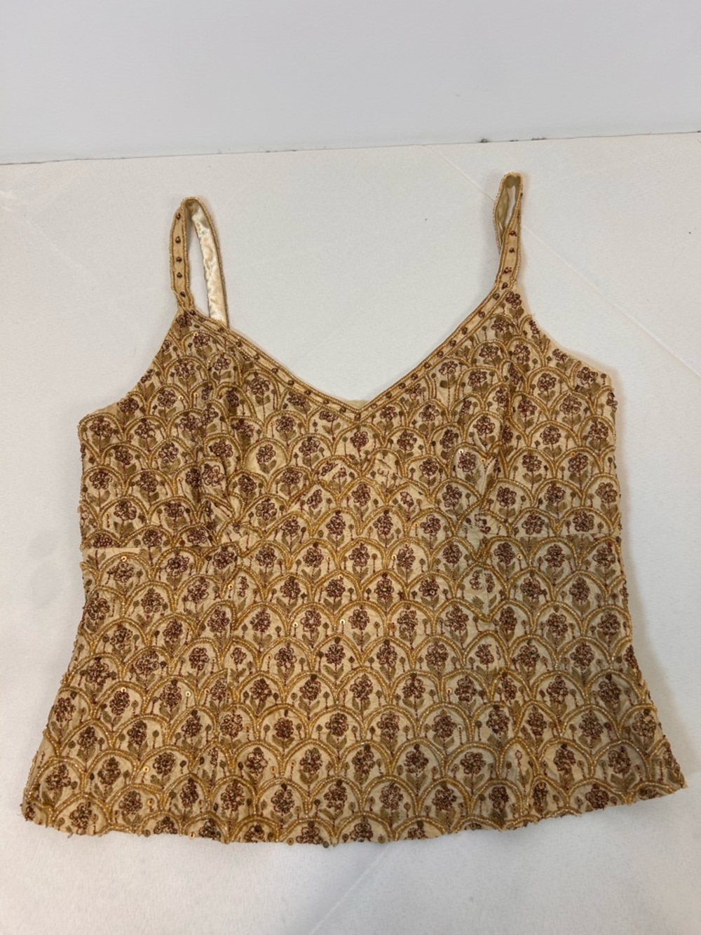 Vintage Spiegel Gold Brown Floral Beaded Camisole Silk Shell Women’s‎ 8 (medium)